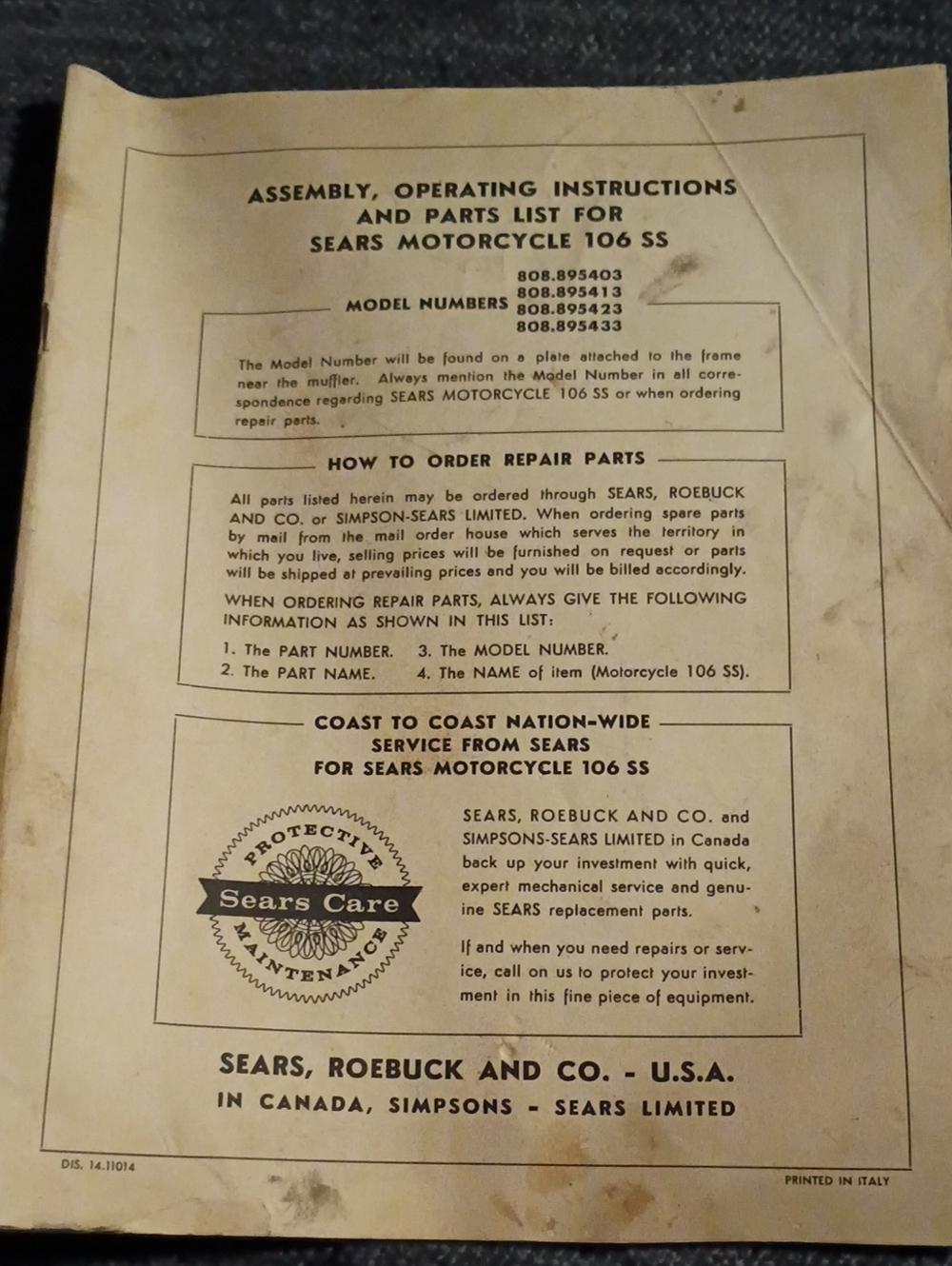 Sears Motorcycle 106 SS Manual - Beige and Black Cover